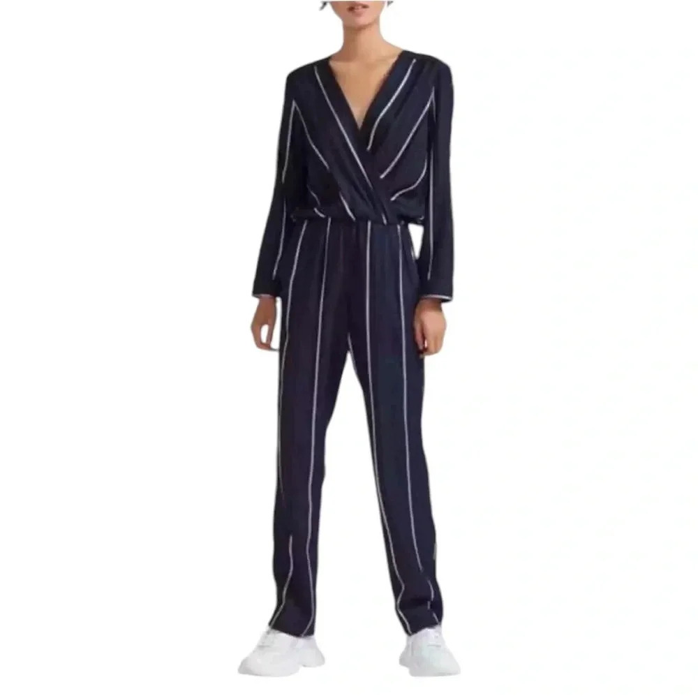 Maje Pinstripe Surplice Bodice Jumpsuit Navy Blue Size S - Picture 15 of 16